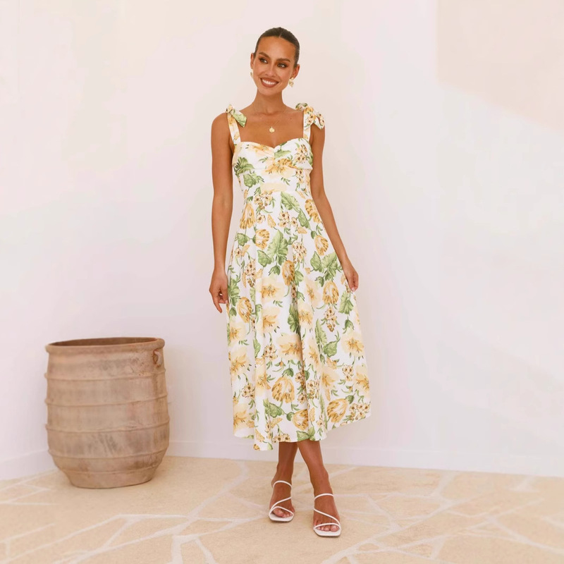 Cross-border independent station European and American foreign trade women's dress 2025 summer new printed strap holiday dress