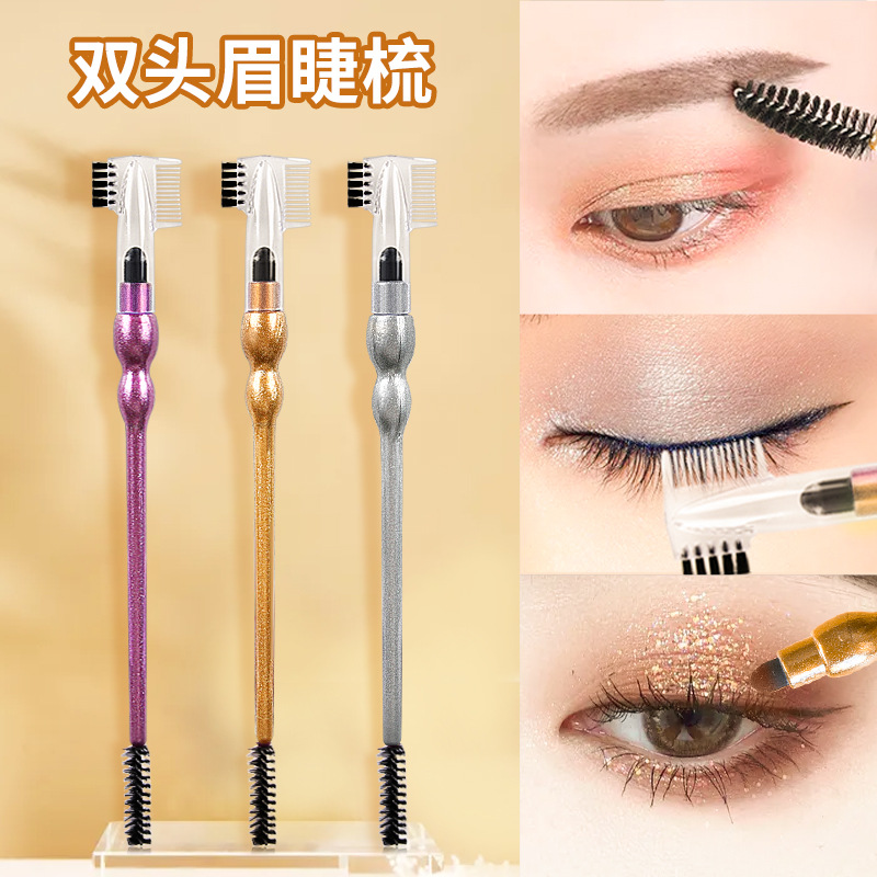 Double head Eyebrow comb Eyelash volume Beauty tool sponge Double head Eyebrow brush golden Plastic Spiral Eyebrow Eye shadow brush