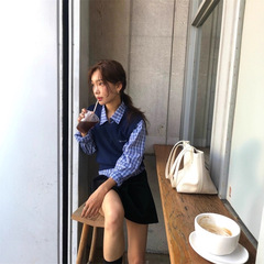 现  thebarnnet格纹短款衬衫韩国设计师女装八奶家蓝色格子衬衣