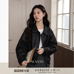 鹿向南「都市主角」短款黑色皮衣外套女秋季新款翻领夹克