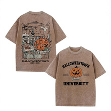 希音爆款纯棉短袖t恤南瓜灯笼定制印花水洗棉万圣节字母圆领上衣