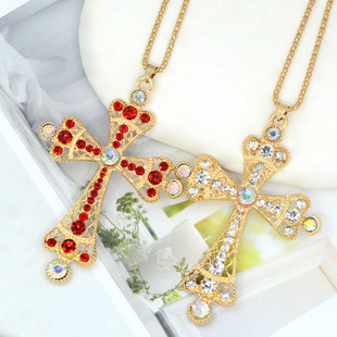 Europe and the United States hot selling pearl cross sweater chain necklace zinc alloy set rhinestone creative fashion coat chain jewelry