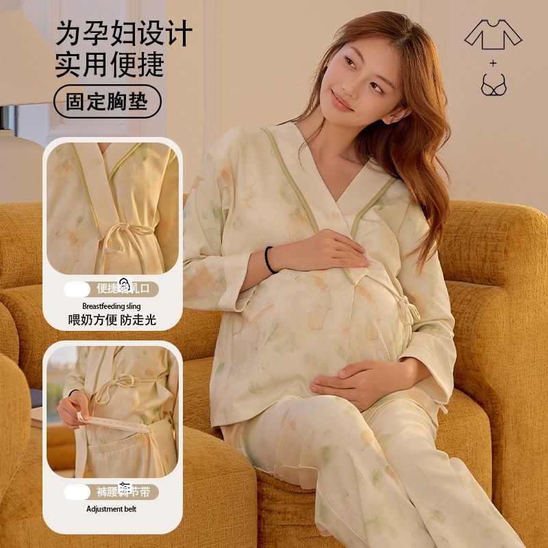 2025秋冬新款睡衣女士精梳棉月子服长袖套装带胸垫孕妈哺乳家居服|undefined