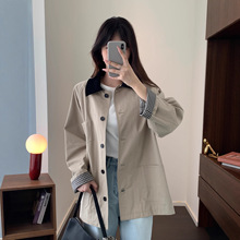 禾家2025早秋新款女装巴恩风小个子中长款外套休闲翻领夹克风衣女