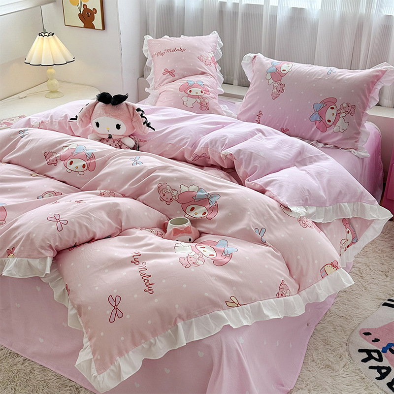 三丽鸥纯棉花边款四件套全棉公主风卡通HelloKitty床单被套床裙款|undefined