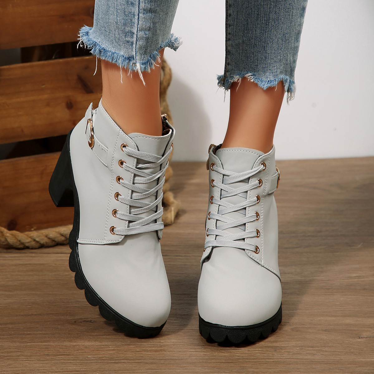 ShoeVault Women's Leather Low-Cut Chunky Round Toe High Heel Lace-Up Brown Ankle Boots Spring Autumn Plus Size Height Increasing_vogvips.com