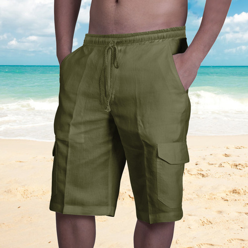 Europe and America Independence Station new style linen shorts, multi-bag tethered men's beach overalls