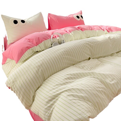 Small fresh cream style striped simple embroidery big eyes four-piece bed sheet quilt cover bed sheet dormitory three-piece set wholesale