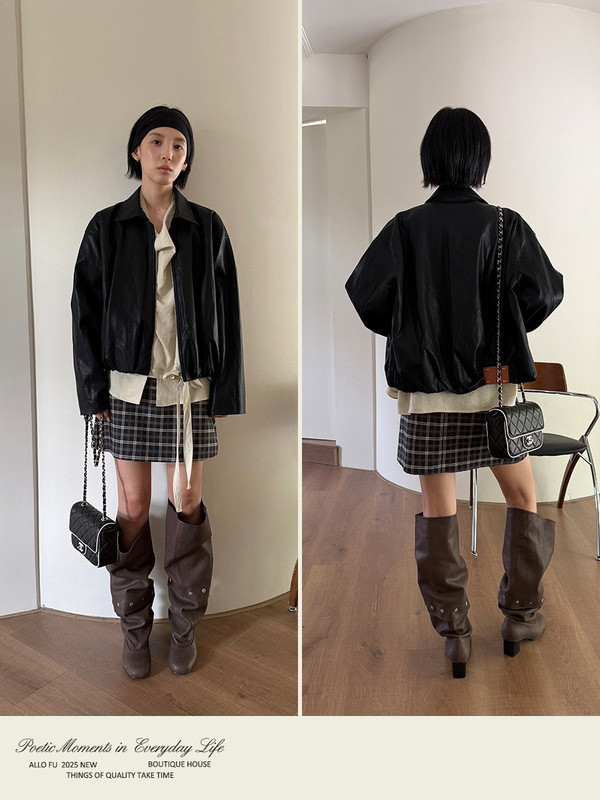 AlloFu 超柔软短款休闲皮衣外套女2025秋季新款宽松夹克上衣23613|undefined
