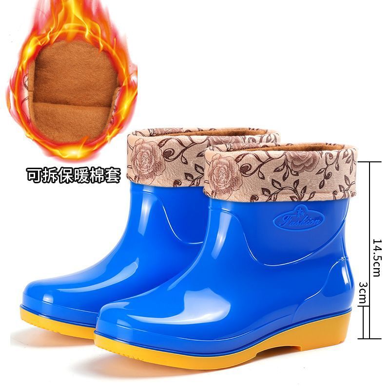 Cuatro estaciones zapatos de lluvia de cañón corto para mujeres zapatos de lluvia calientes para adultos con veludo impermeable antiderrapante cocina de moda zapatos de agua botas de agua al por mayor image 14