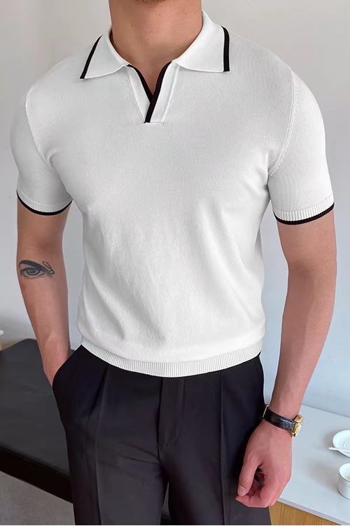 315g Weight Short Sleeve Sleeve Length Polyester Fabric Type Regular Top Length Casual Occasion Shirt Collar Neckline Slim Fit Type Stripe Pattern Summer Season Men's Gender Patchwork Design British Style Style Men's Stripe Patchwork  Shirt Men's Clothing 28