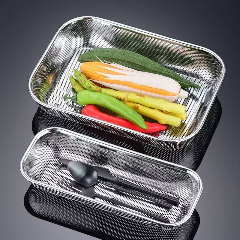 Stainless Steel Draining Basket Rectangular Kitchen Vegetable Washing Basket Filter Mesh Basket Chopstick Storage Rack Disinfection Cabinet Usable with Lid