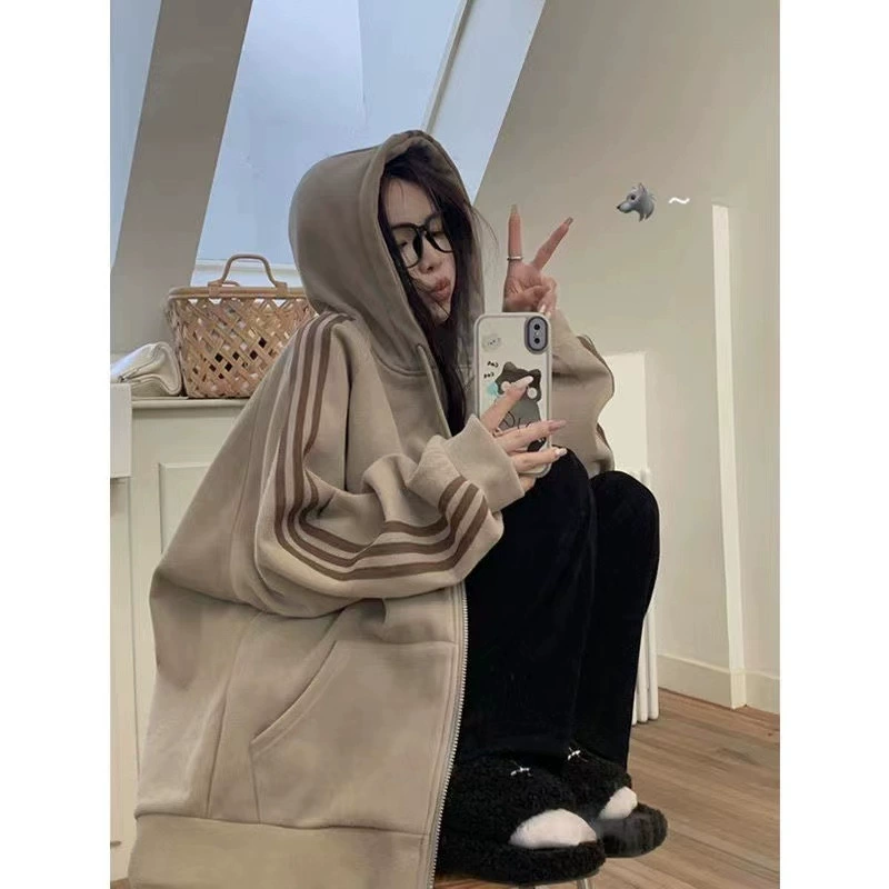 Плюшевый толстый зимний уличный новый американский ретро свободный дикий длинный рукав топ с капюшоном свитер для женской одежды