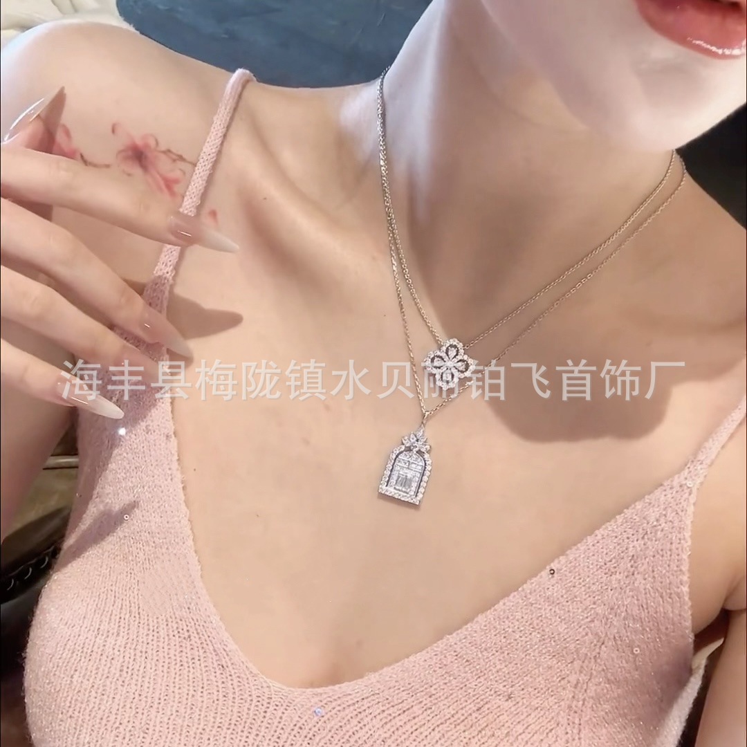 高級ジュエリー純銀製幸福の扉ネックレス、女性用鳥かご型ダイヤモンド装飾四つ葉のクローバー鎖骨チェーンをライブ配信で提供