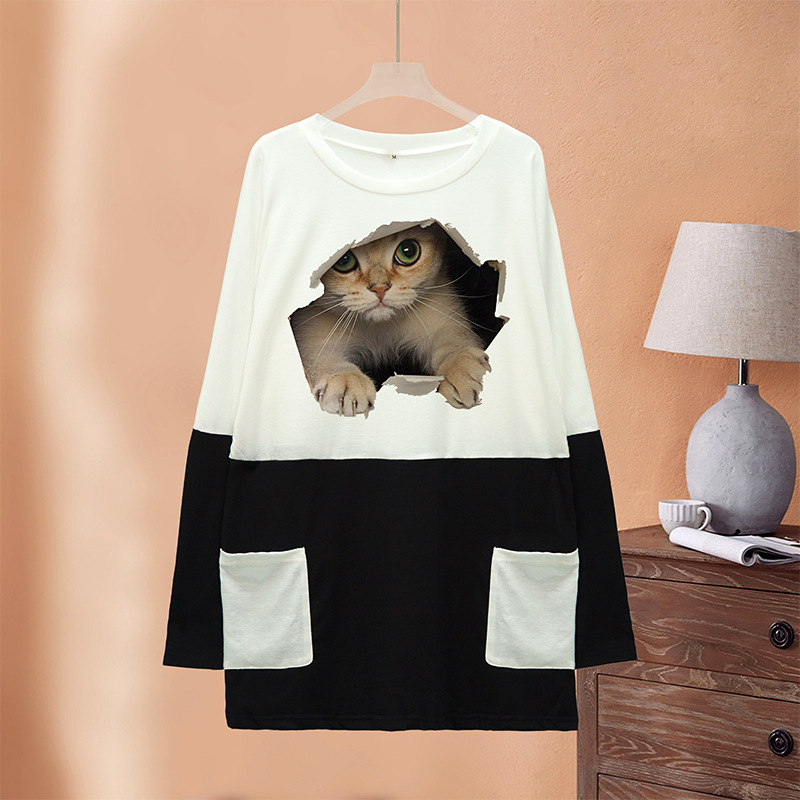Women's long top black white bottom, cat print with pocket pullover, women's hoodie and pajama_voghion.com