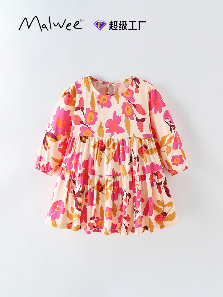 Vestido de niña malwee transfronterizo Otoño Cuello redondo Manga larga Falda infantil europea y americana con estampado de estilo occidental para niños