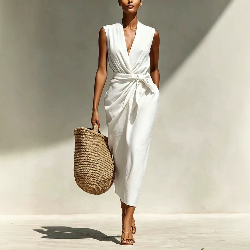 2026 Spring/Summer Cross-Border European and American Amazon Solid Color Wrap Strap Twisted V-Neck Sleeveless Cotton Linen Mid-Length Dress 2026 Spring/Summer Cross-Border European and American Amazon Solid Color Wrap Strap Twisted V-Neck Sleeveless Cotton Linen Mid-Length Dress