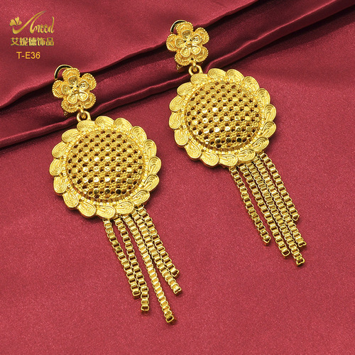 Enid Middle East Bridal Gold-Plated Long Earrings, Wedding Jewelry Pendant Earrings Wholesale, Dubai 24K Copper Ear Accessories