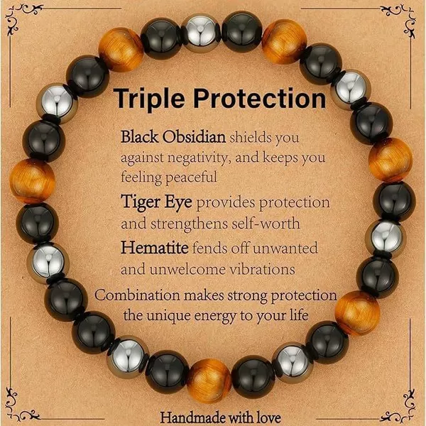 Cross-Border Popular Obsidian Magnet Tiger Eye Flat Knot Braided Adjustable Bracelet Tiger Eye Stone Triple Protection Bracelet for Women