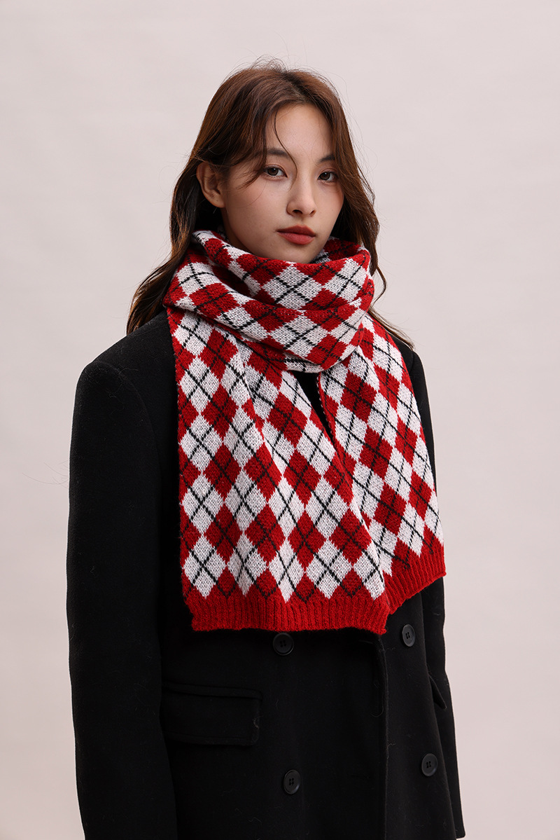 Sciarpa lavorata a maglia autunno inverno nuova con griglia a rombi, collo spesso e caldo, versatile per coppie, morbida_voghion.com