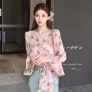 2023 Summer New Fashion Sweet Style Pink Floral Shirt Korean Style Elegant Trumpet Sleeve V-neck Short Top