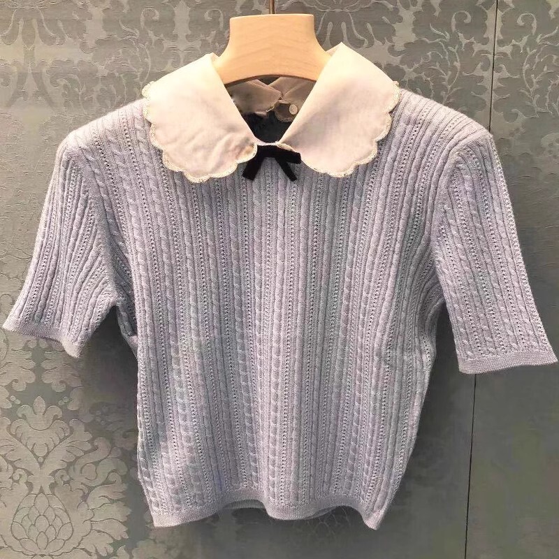 Miu Pullover Short-sleeved Thin Ice Silk Knitted Sweater Beaded Doll Collar Slim-fit Elastic All-match Top Women's Summer New