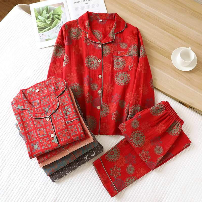 新款女士睡衣春秋季纯棉色织双层纱提花长袖大码家居服套装可外穿