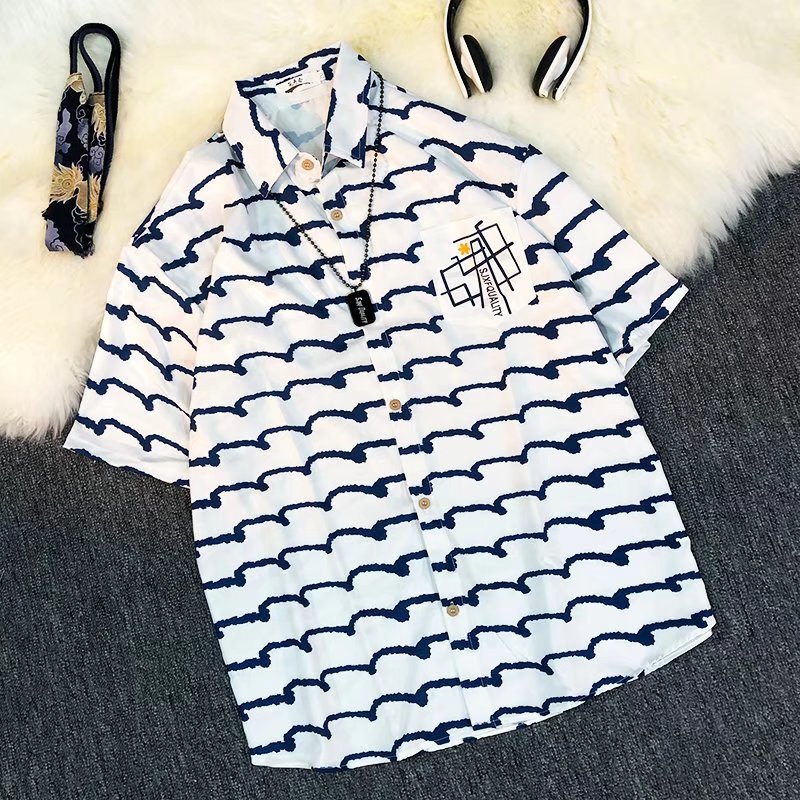 Japanese Striped Short-sleeved Shirt Men's Summer Hong Kong Style Trendy Brand High Street Plumpty Handsome Couple's Trendy Embroidered Half-sleeved Shirt