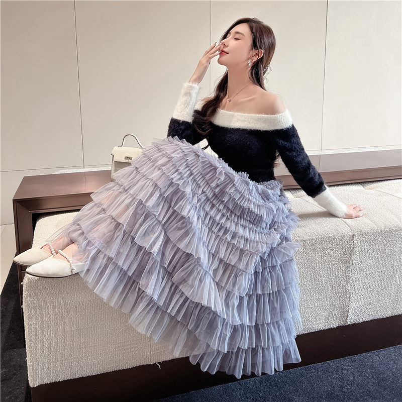 多用途の妖精のような気質のフリルメッシュ多層スカート、スリムでヒップをカバーする女性用のレディースケーキロングスカート|undefined