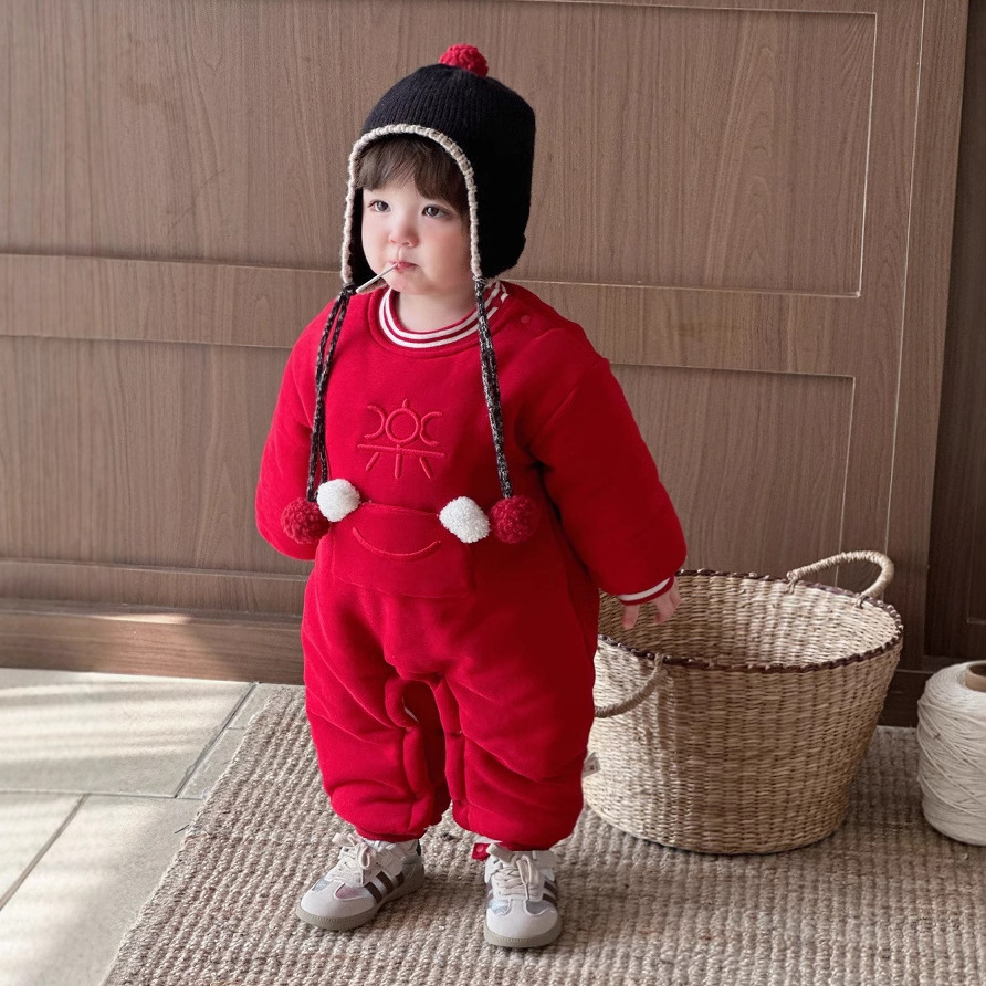 2025 ropa de algodón de estilo chino para bebés y niños pequeños, año nuevo rojo festivo, bolsillo de sobre rojo, ropa de Año Nuevo, ropa acolchada de algodón de una pieza