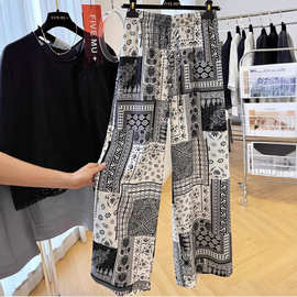 高级感复古印花腰果花休闲裤女夏季宽松阔腿直筒裤显瘦长裤遛弯裤
