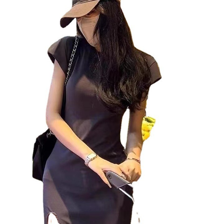 Vestido de camiseta de manga corta de chica caliente para mujer verano 2023 nuevo vestido MIDI sexy dividido negro sobre la rodilla