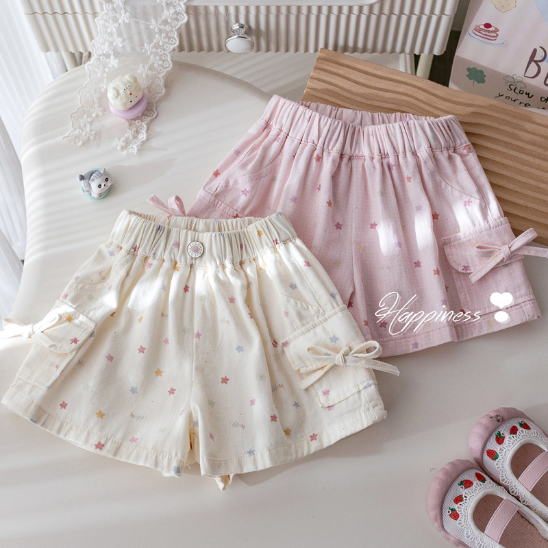 Girls' Summer Casual Shorts Korean Style Fashionable Printed Bow Crane Pants Baby's Summer New All-match Hot Pants