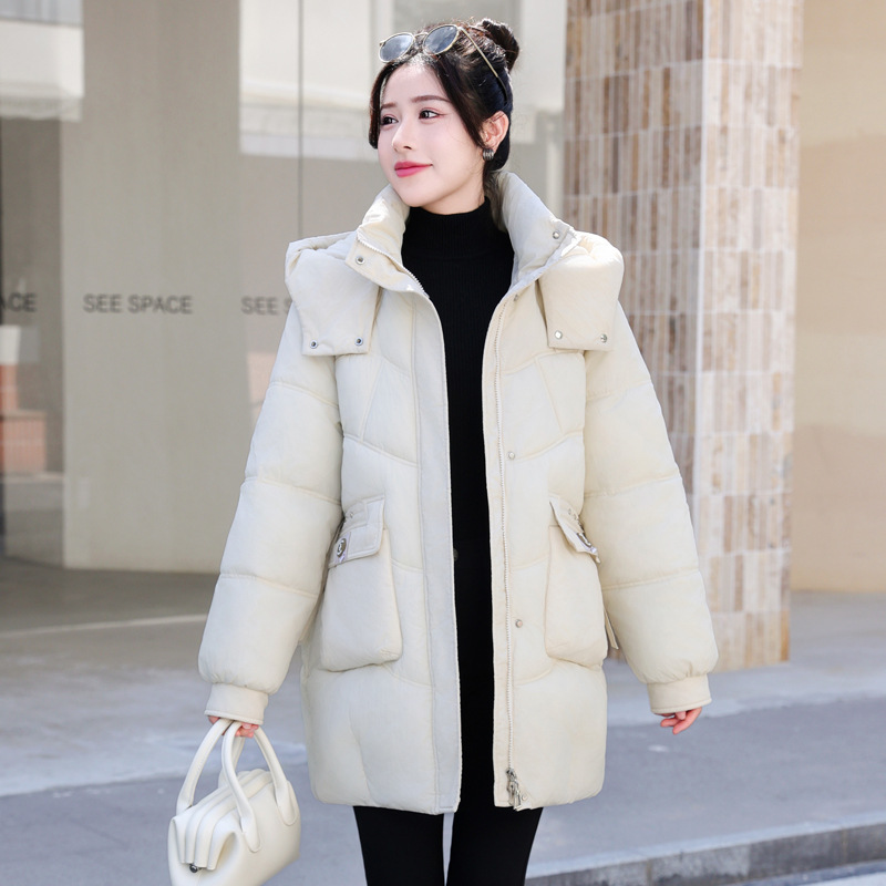 2024 invierno estilo coreano encapuchado vestido de pan de tamaño grande abrigo de algodón de pluma grueso mujer estilo largo exterior abrigo de algodón suelto image 7
