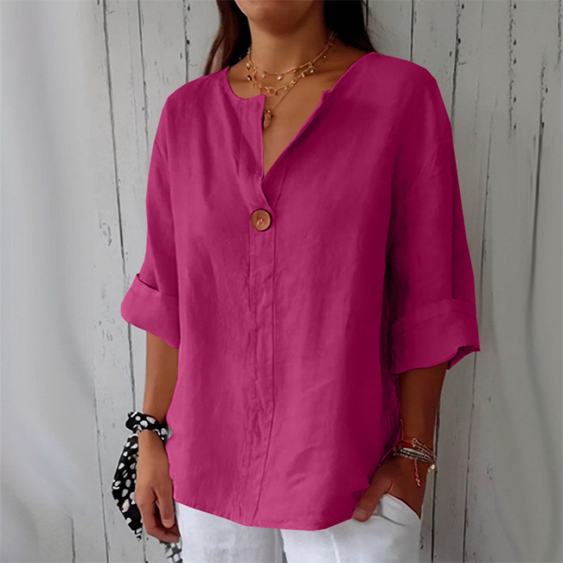 Women's Loose Fit V Neck 7/8 Sleeve Cotton Button Front Tunic Top – Casual Summer Blouse 2026_ecoleips.com