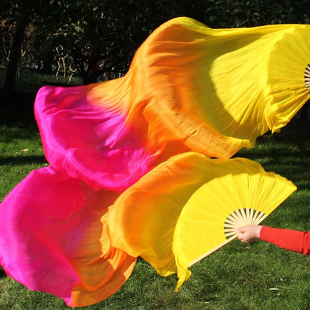 真丝扇子肚皮舞双扇加长舞蹈扇子三色长绸扇子真丝长扇
