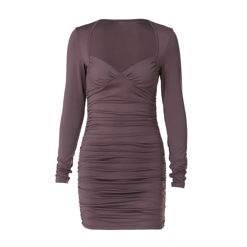 Women Clothing Autumn Deep V Plunge Plunge Tube Top Long Sleeve Slim Pleated Dress