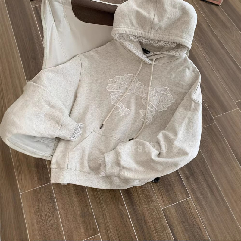 Gray Korean-Style Bow Lace Patchwork Hooded Sweatshirt for Women, Loose and Sweet Lazy Style Top Jacket for Spring and Autumn