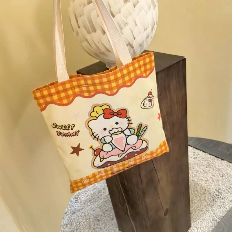 黄色のチェック柄ハローキティキャンバスバッグかわいいハンドバッグお出かけトートバッグ漫画学生通勤大容量|undefined