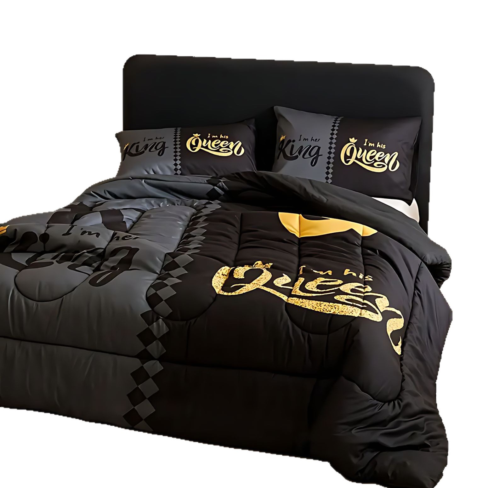 TEMU / JIT transfronterizo textil casero negro gris letras de corona alta definición impresión digital 180gms colcha colcha almohada set