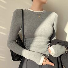 假两件长袖t恤打底衫女秋冬德绒新款叠穿撞色加绒保暖内搭上衣潮
