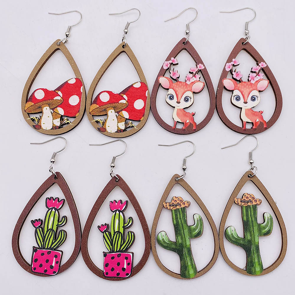 1 Pair Fashion Cactus Wood Women's Drop Earrings display picture 1