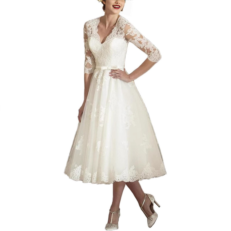 Mid-Sleeve Wedding Dress 2025 New Style Deep V-Neck Lace Slim Fit Lace Slimming Fashionable Bride Mid-Length Wedding Dress Mid-Sleeve Wedding Dress 2025 New Style Deep V-Neck Lace Slim Fit Lace Slimming Fashionable Bride Mid-Length Wedding Dress