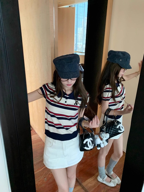 条纹polo翻领针织冰丝短袖t恤女正肩短款上衣|undefined
