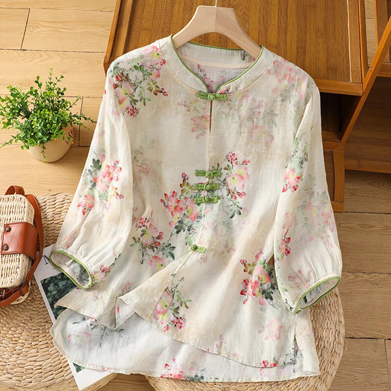 Ramie Chinese-Style Women's Top Summer New Improved Retro Stand-Collar Buttoned Pullover Three-Quarter Sleeve Blouse