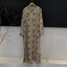 2026早春新款中式国风轻奢全身竹子印花斜襟盘扣旗袍款棉麻连衣裙