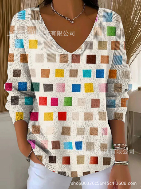 欧美跨境独立站新款3D印花女士时尚渐变色V领长袖T恤上衣|undefined