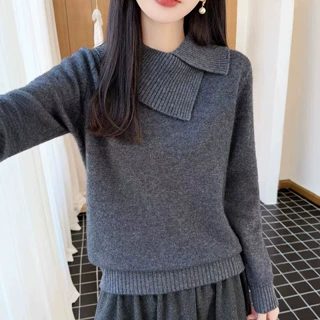 不规则翻领100%纯羊毛衫女秋冬套头毛衣设计感显瘦针织衫打底上衣