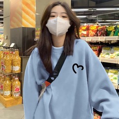 蓝色圆领厚卫衣女春秋季2025早秋新款上衣欧货加绒宽松外套无帽女