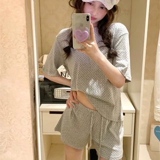 2026韩系ins夏季新款休闲小波点针织短袖短裤家居服睡衣女士套装
